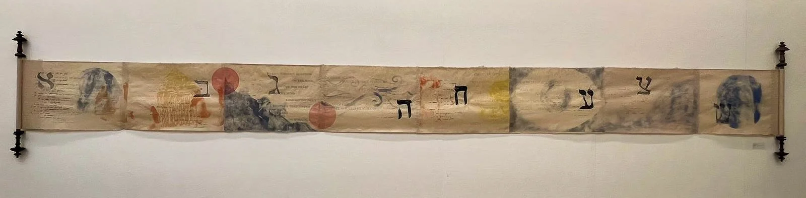 'A Torah for Peace', 2024 
Screen prints, sugar-lift etchings and plate lithographs with chine colle and wood
95 x 593 cm.