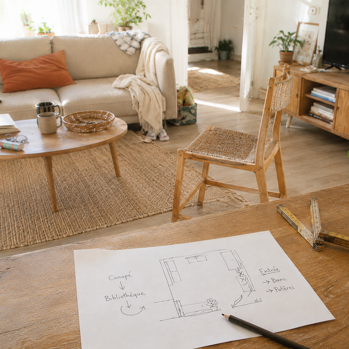 Plan d'aménagement intérieur posé sur une table en bois, avec un croquis dessinant la disposition d'un salon, une règle à mesurer en métal, dans un salon lumineux avec canapé beige, fauteuil en bois, tapis en jute, TV, télévision et plantes vertes.