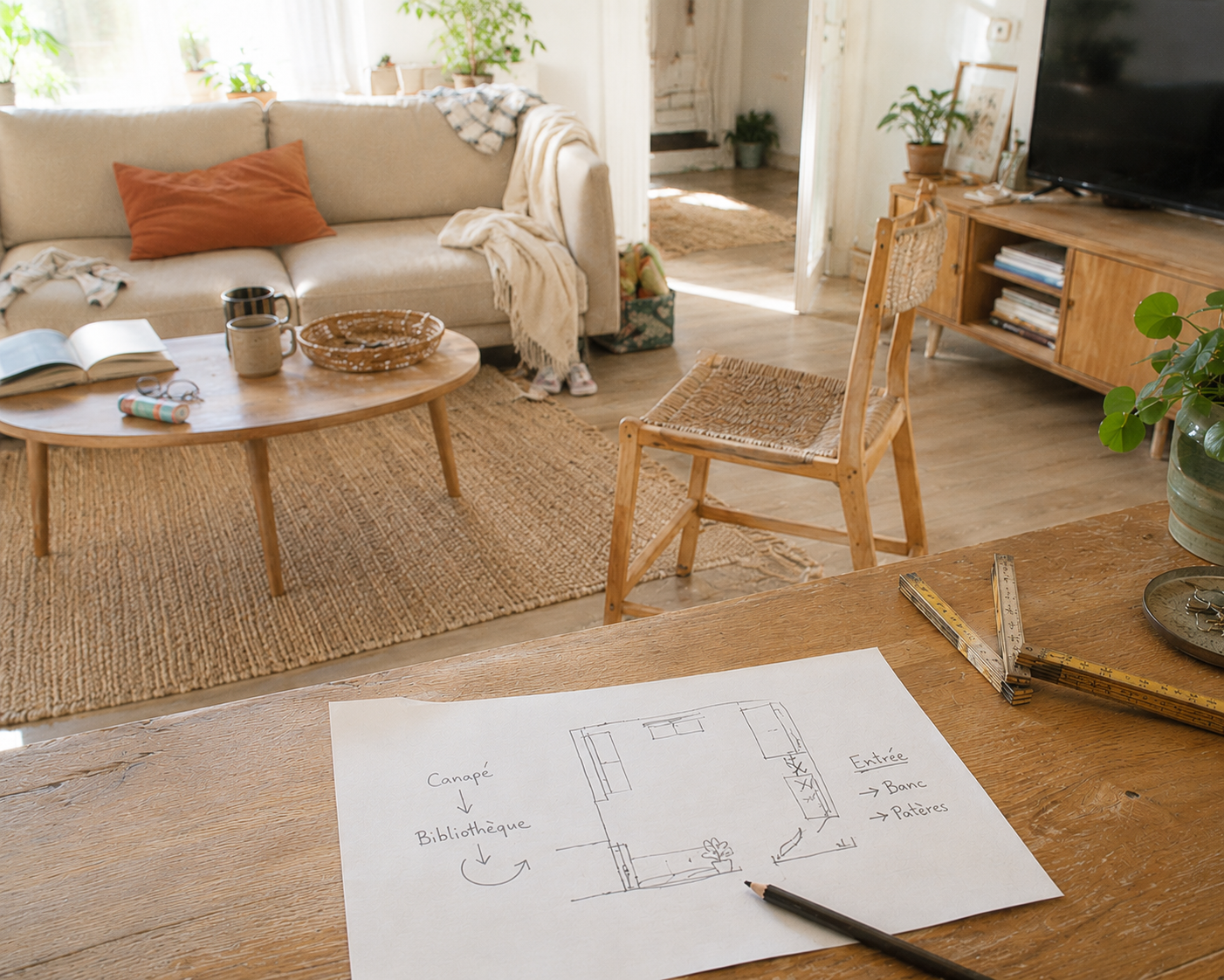 Un plan d'aménagement intérieur avec notes écrites, posé sur une table en bois dans un salon chaleureux avec canapé, table basse, téléviseur, et décorations naturelles.