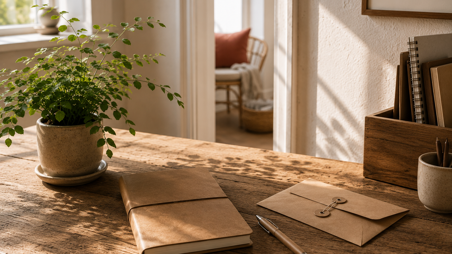 Un bureau en bois avec un carnet marron, un stylo, une enveloppe et une boîte en bois contenant des livres et des carnets, avec une plante verte en pot à gauche