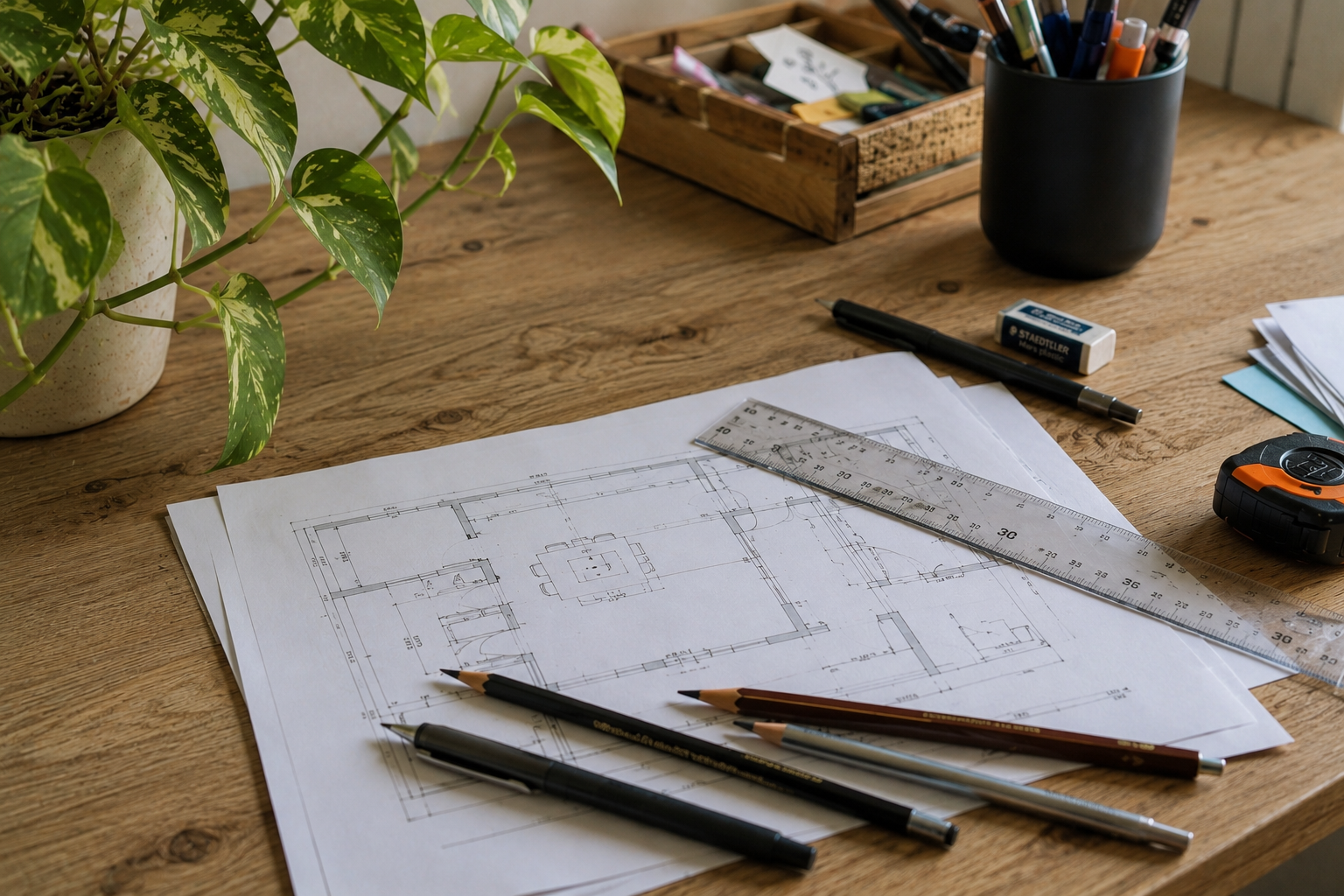 Plan d'aménagement et outils de dessin utilisés par Ezka Déco, décoratrice d'intérieur près d'Auxerre, pour concevoir un projet d'agencement personnalisé