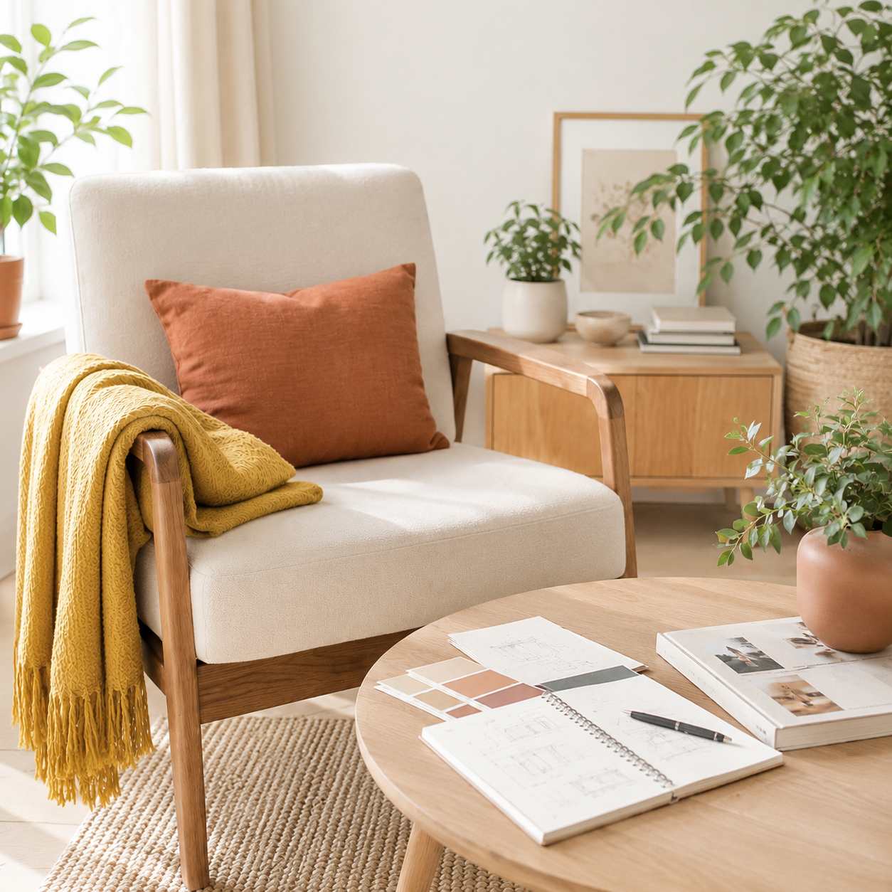 Salon lumineux avec un fauteuil beige en bois, un coussin orange, et une couverture jaune. Il y a une table basse en bois avec des livres, un carnet, et des échantillons de peinture. Un meuble en bois avec des plantes, un cadre et d'autres livres en arrière-plan.