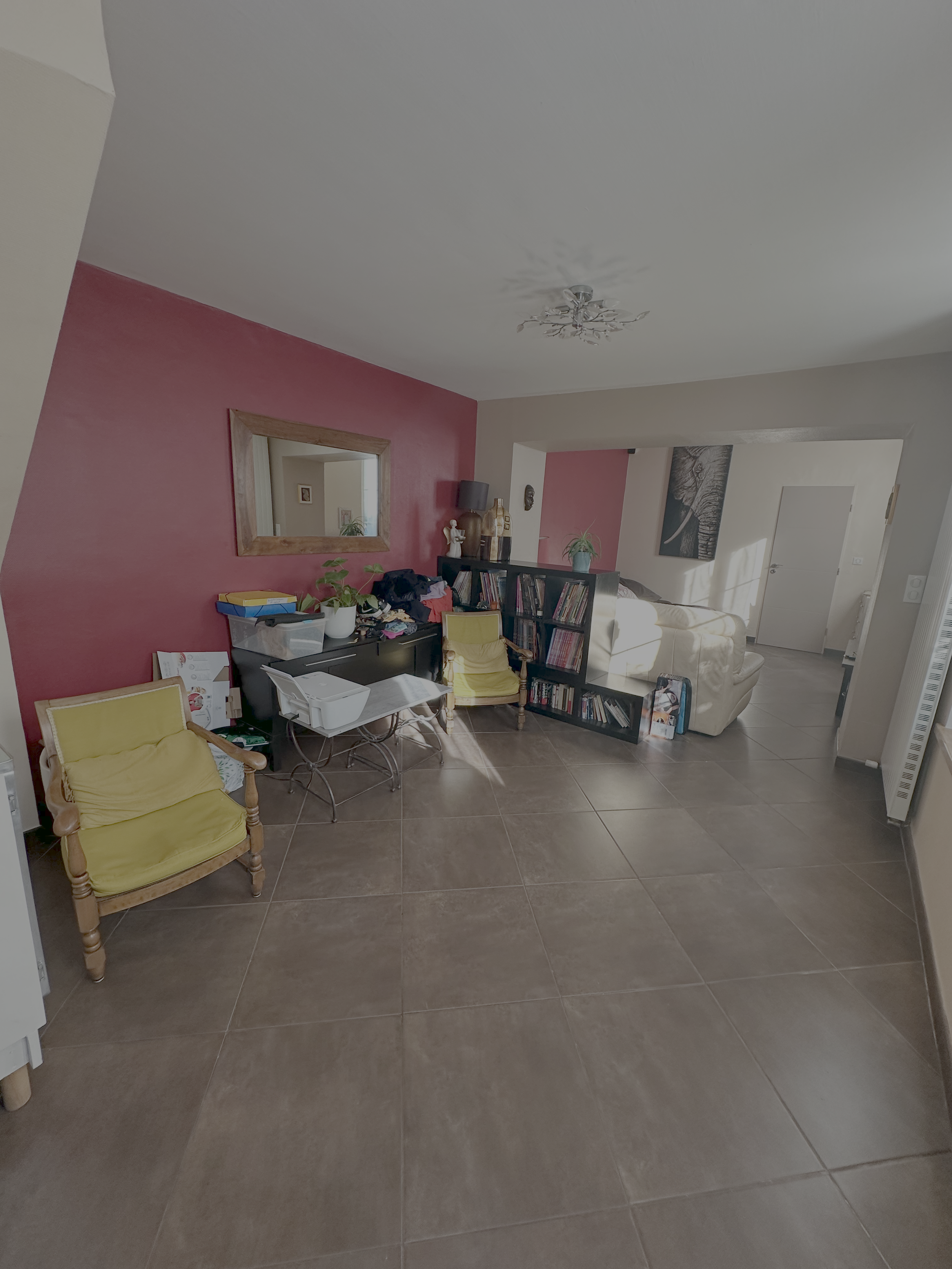 Un salon avec un mur rose, un miroir, un fauteuil jaune, une étagère avec des livres, une lampe, une plante, une peinture d'éléphant, et des meubles en désordre.