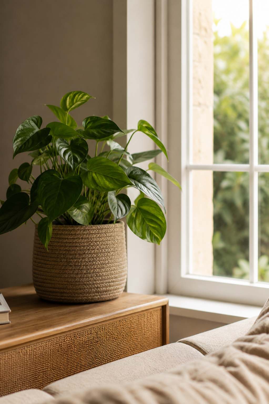 Plante verte dans un intérieur chaleureux, illustrant l'univers d'Ezka Déco, décoratrice d'intérieur spécialisée en décoration et agencement près d'Auxerre.