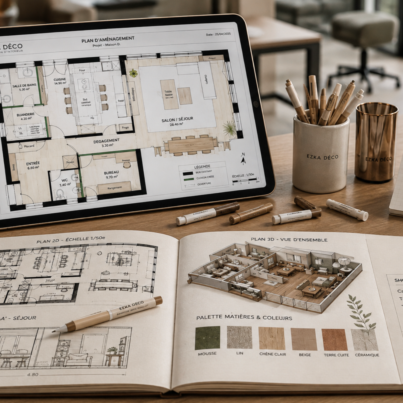 Plan d'aménagement d'une maison sur une tablette avec plans de construction ouverts sur un bureau, entourés de marqueurs et de pots à stylo.