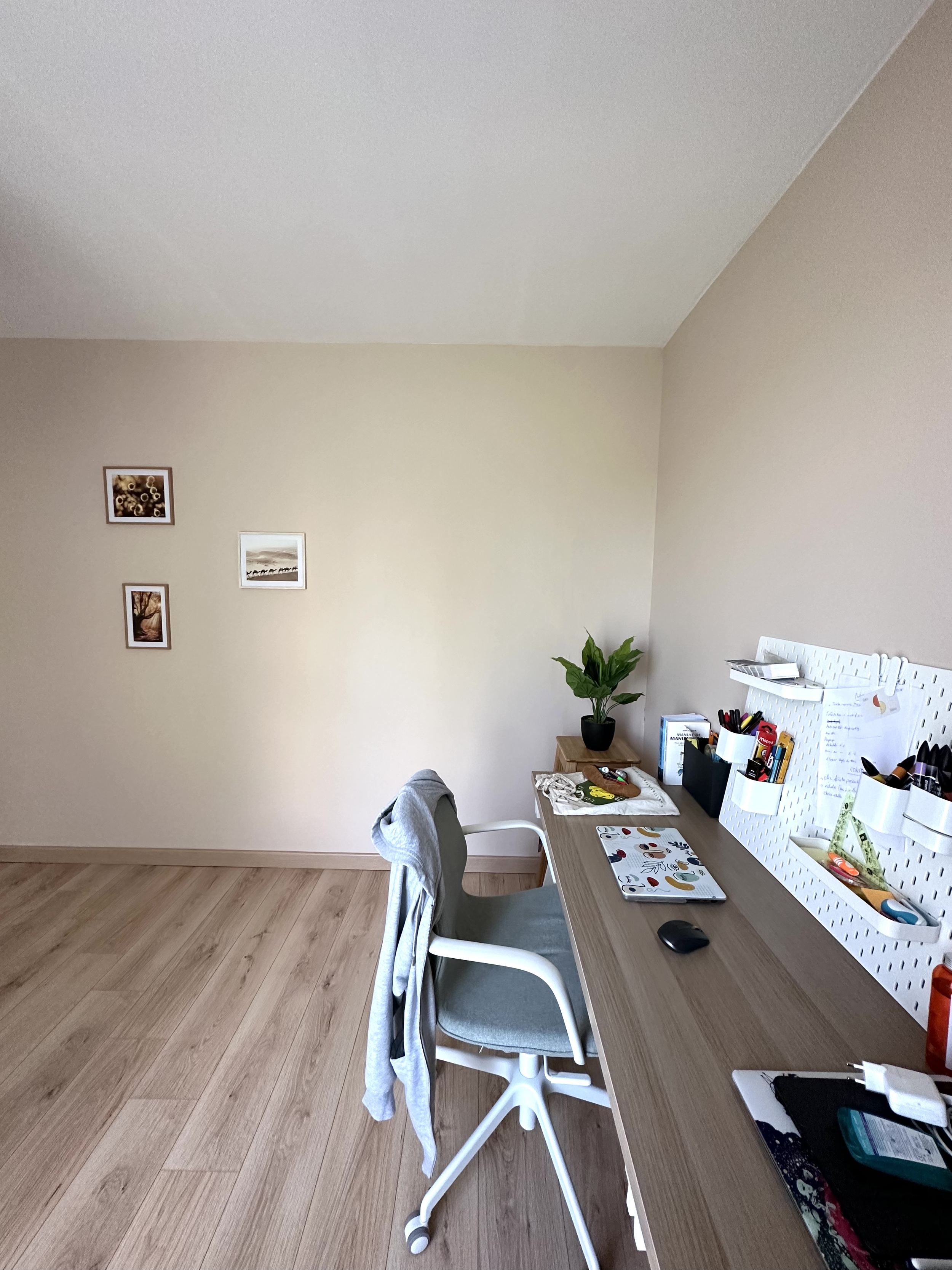 Un bureau avec une chaise, un ordinateur portable, des fournitures de bureau dans un rangement blanc, une plante verte, un livre et un stylo. Mur beige avec quelques photos encadrées.