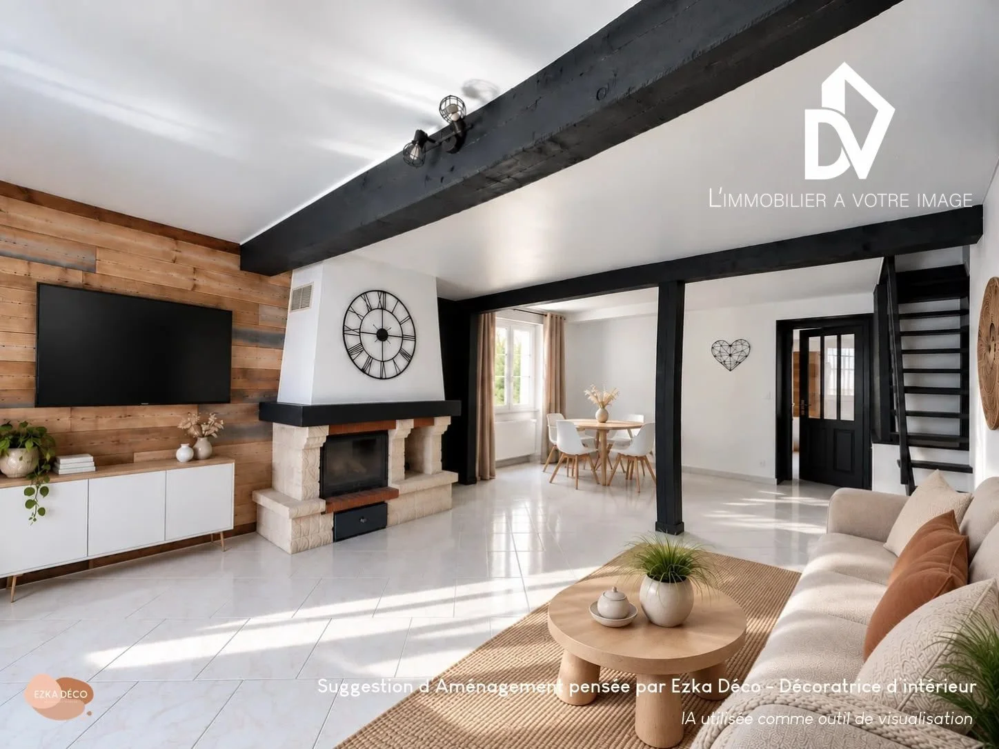 Salon contemporain avec poutres noires, mur en bois, cheminée en pierre, télévision, canapé et espace repas lumineux