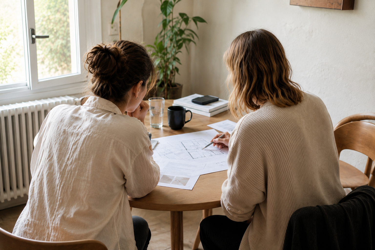 Deux femmes travaillent à une table avec des plans architecturaux, une tasse noire, un verre d'eau, un téléphone et des livres, dans une pièce lumineuse avec une fenêtre et une plante verte.