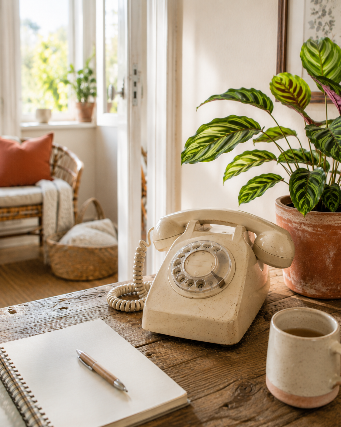 Une vieille radio sur une table en bois, accompagnée d'une tasse, un cahier et un stylo, avec une grande plante verte à côté, dans une pièce lumineuse avec un canapé en rotin et des plantes en arrière-plan.