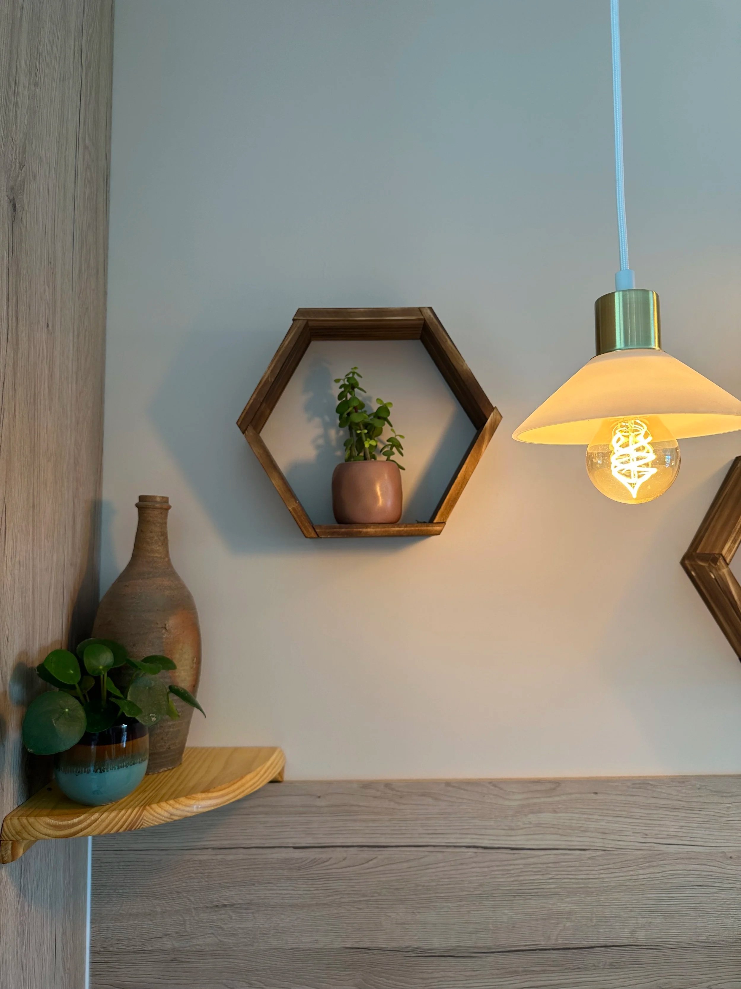 Une étagère en bois avec un vase en céramique contenant une plante verte. À droite, un plafonnier avec une ampoule décorative allumée. Le fond est un mur blanc avec une section en bois.