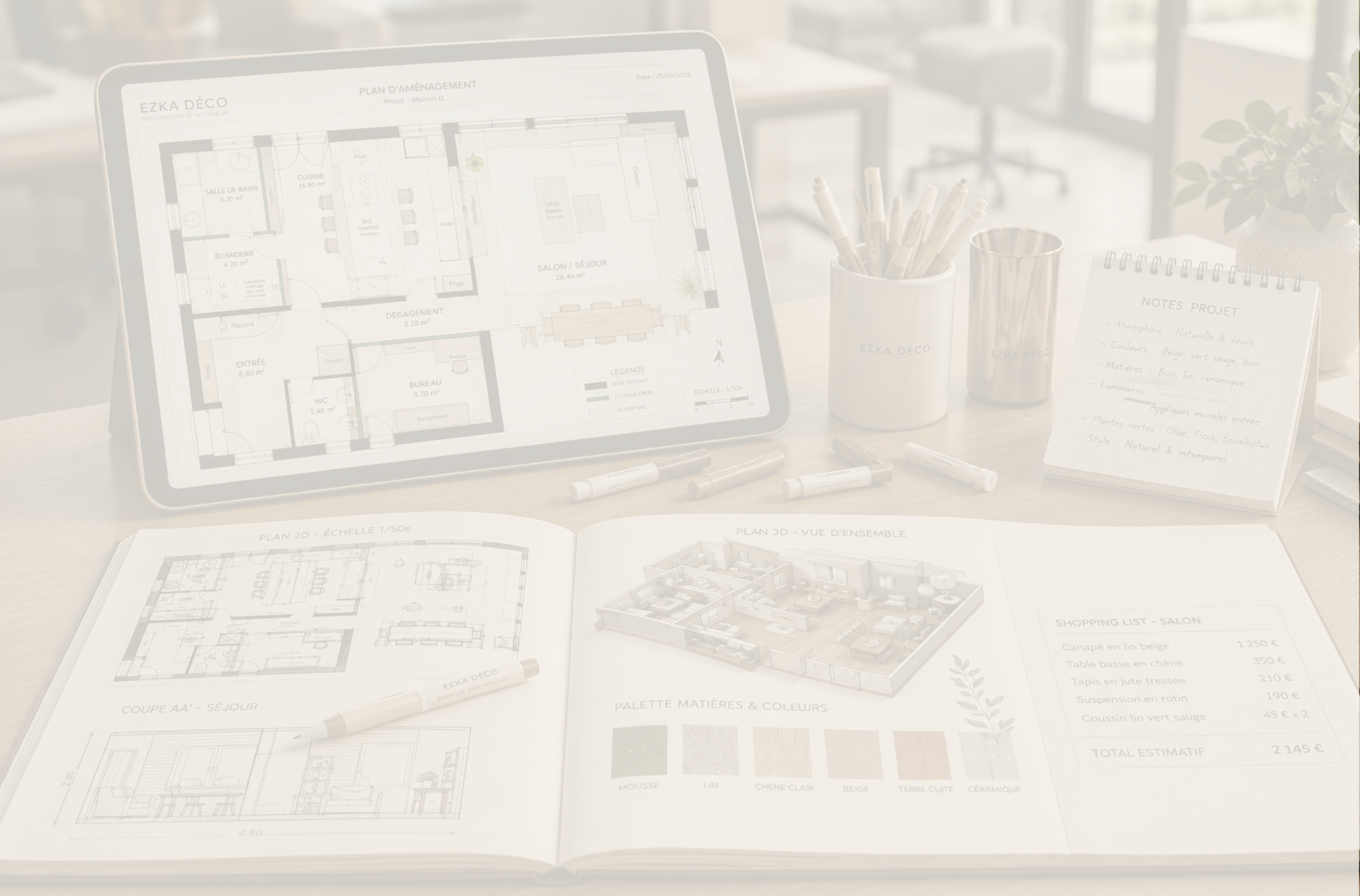 Tableau avec plans d'architecture, stylos, et notes de projet sur un bureau.