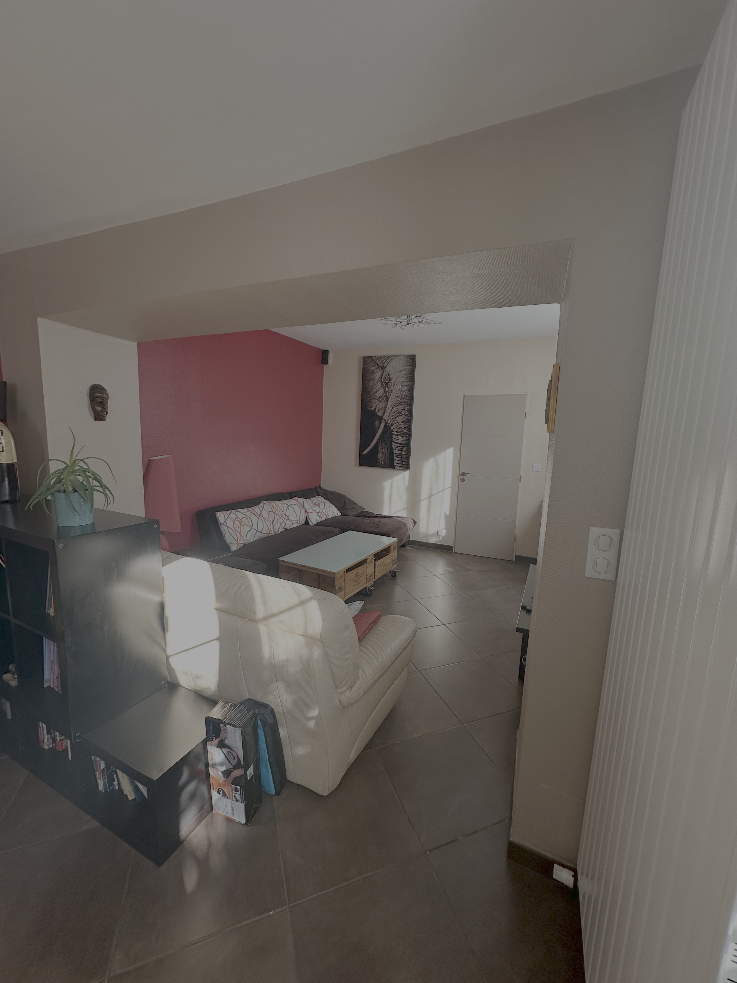 Intérieur d'un salon avec un canapé beige, une table basse en bois, une peinture d'un éléphant au mur, une plante en pot, et une porte blanche.
