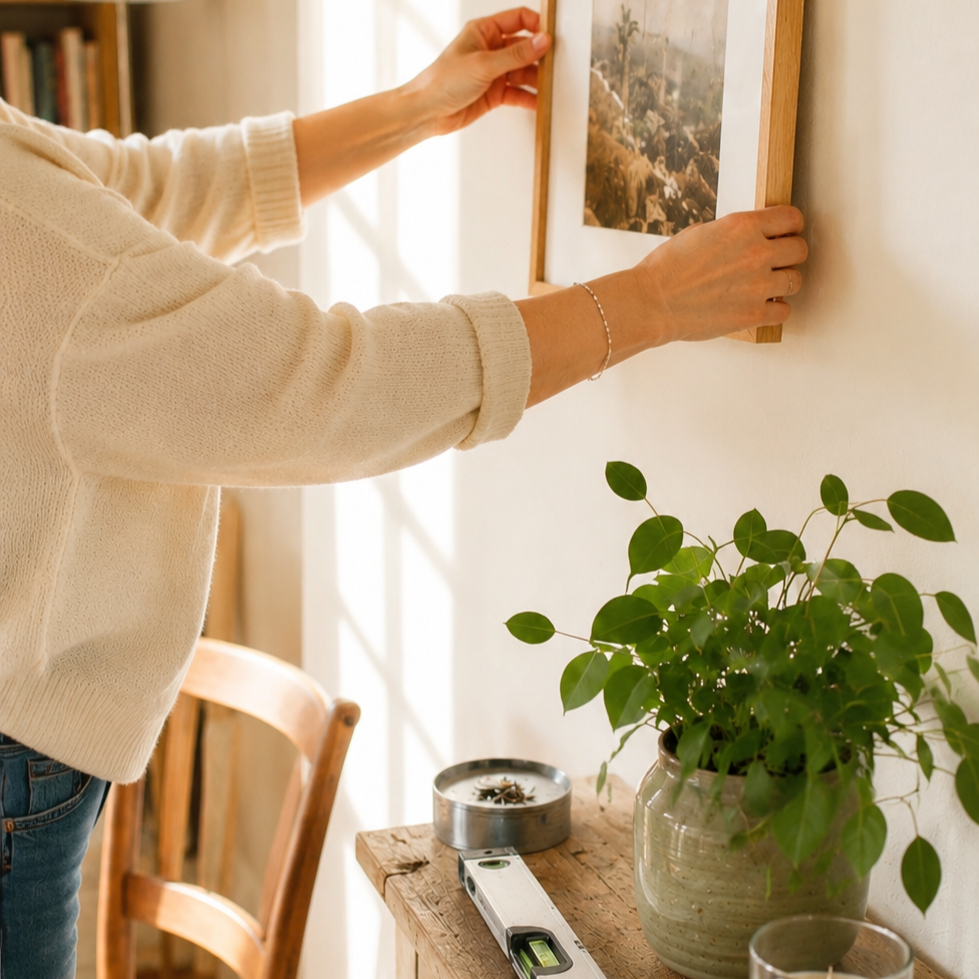 Une personne accroche une photo dans un cadre en bois au mur intérieur, avec une plante verte en pot sur une table en bois à côté.