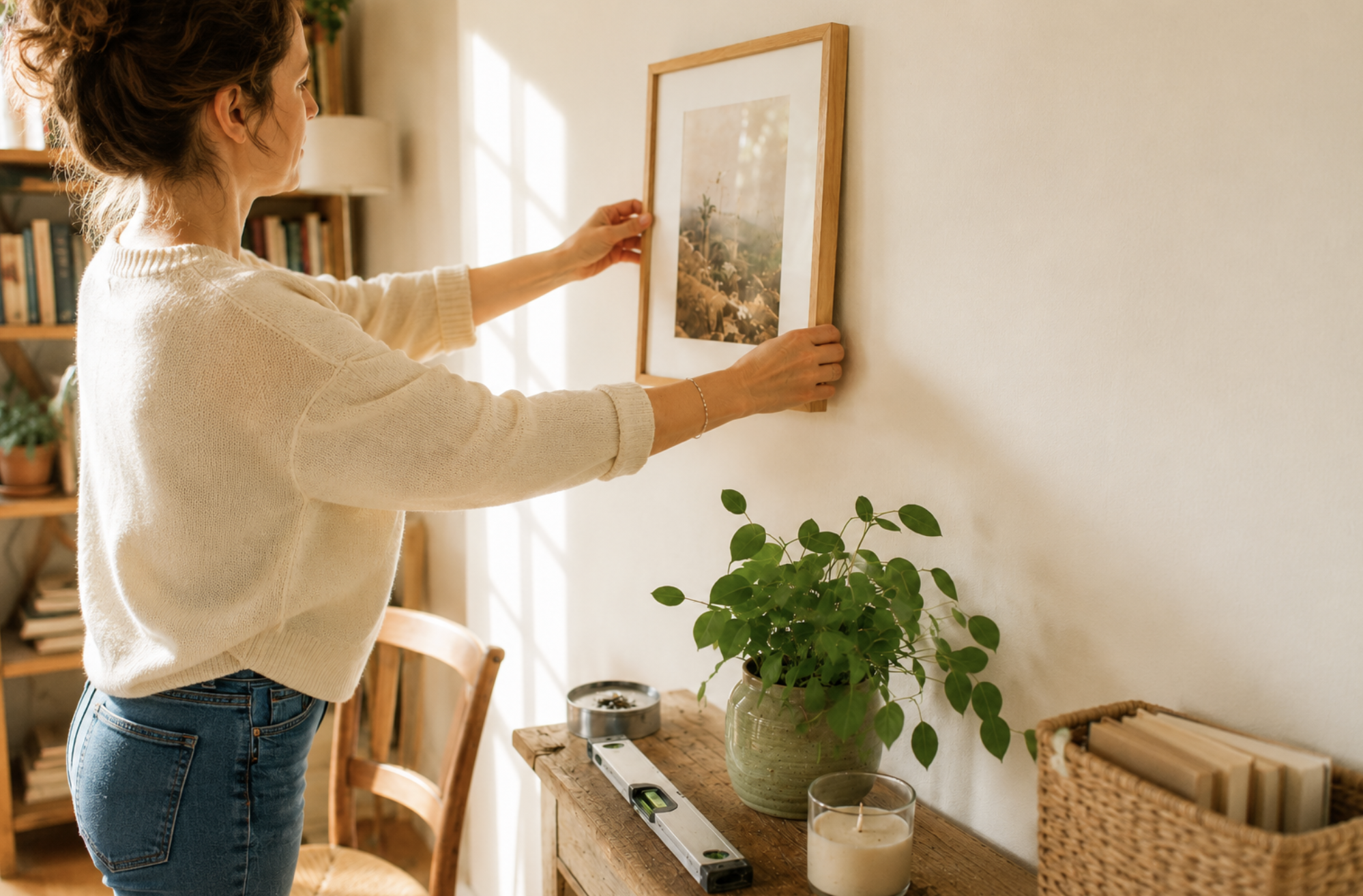 Femme pose cadre avec plante
