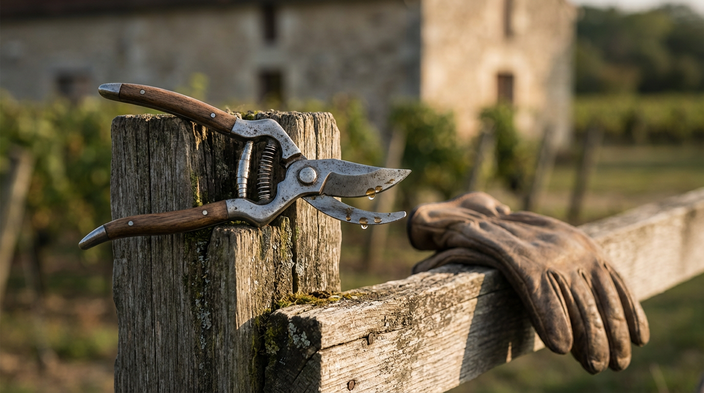 A pair of rusty pruning shears resting on a wooden fence post, with a work glove draped over the fence rail, in a vineyard setting.