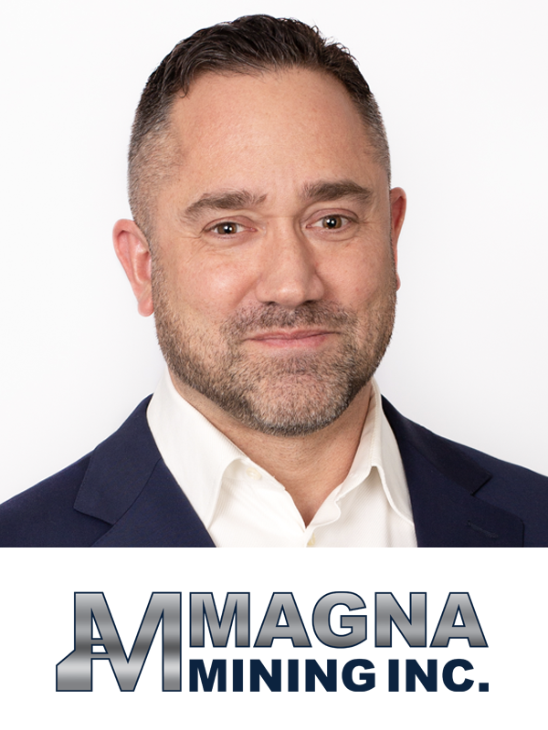 Professional headshot of a man in a suit and white shirt, with a logo for Magna Mining Inc. below him.