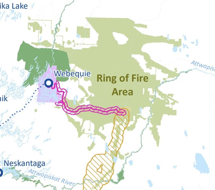 Map showing the Ring of Fire area highlighted in light green, with Webeqie marked near the west coast, and colored lines indicating a specific route.