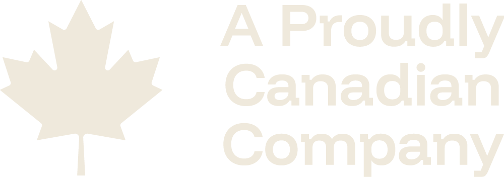 A beige maple leaf logo with the text 'A Proudly Canadian Company' beside it.