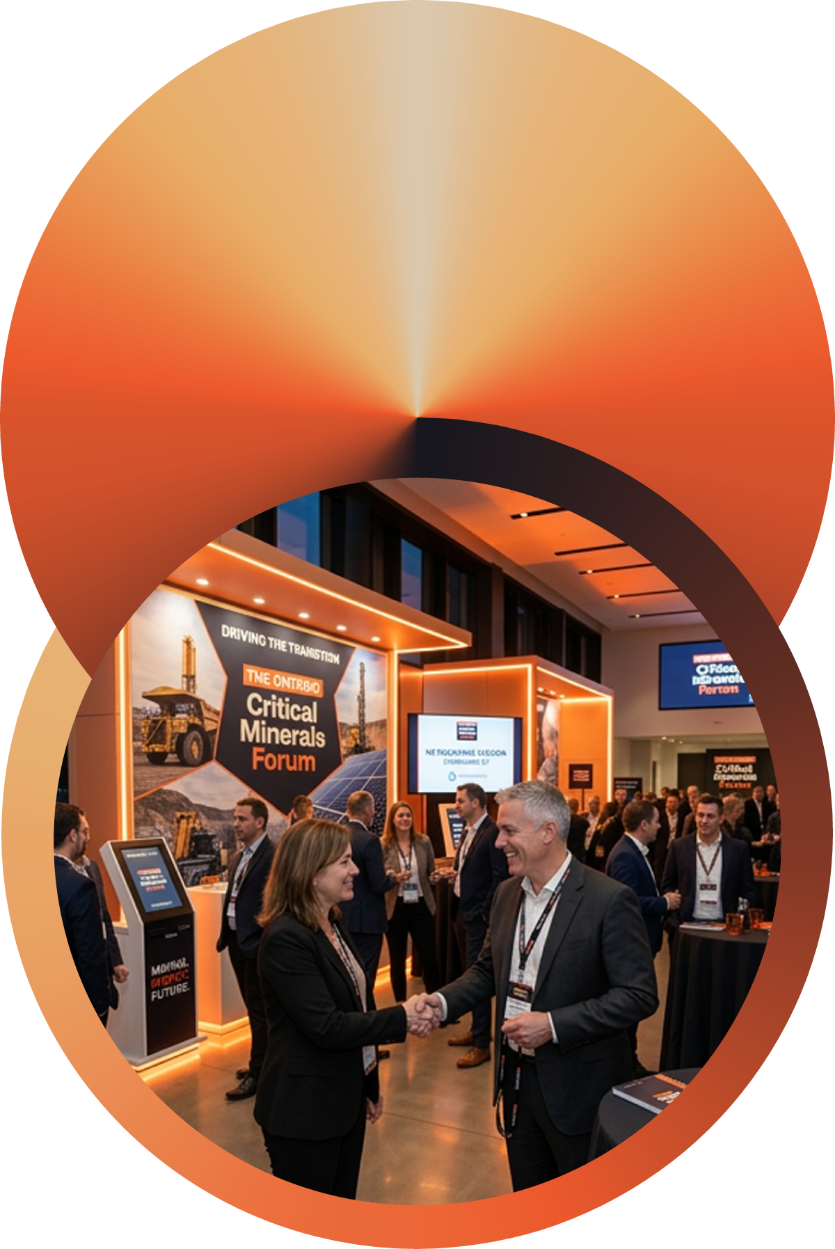 Business professionals shaking hands at a conference with a sign reading "Critical Minerals Forum" in the background.