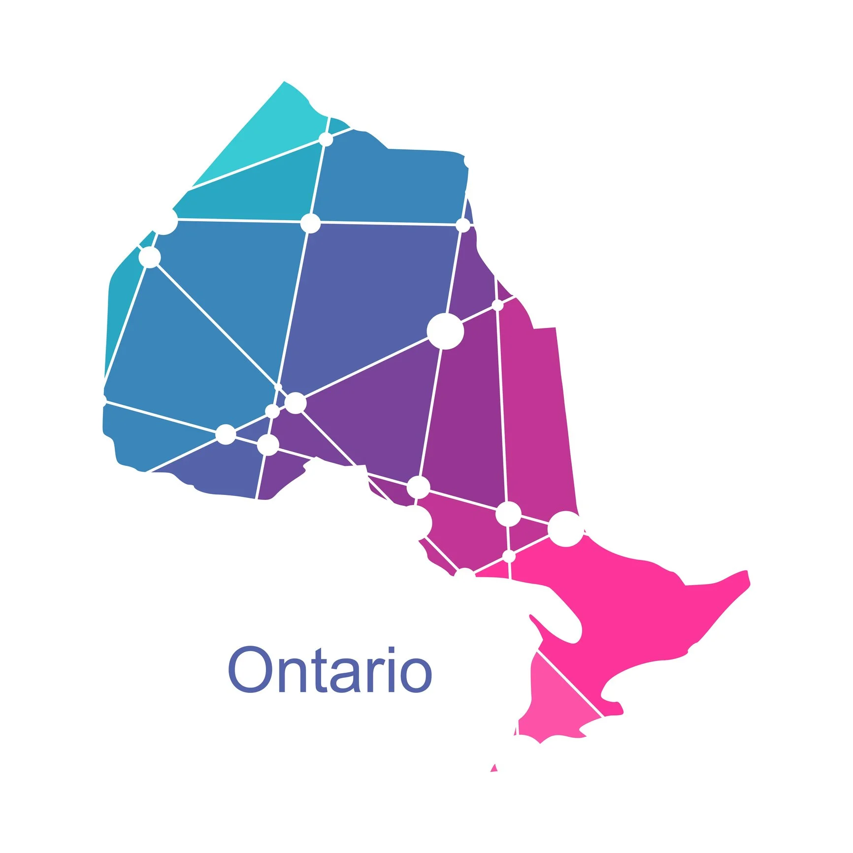 Colorful map of Ontario, Canada, divided into regions with connecting lines and nodes, with the word 'Ontario' written in blue at the bottom.