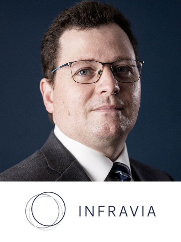 A professional headshot of a man wearing glasses, a suit, and a tie, with the Infravia logo below.