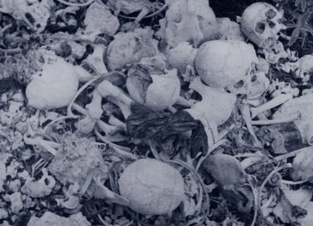Years after the massacres on Kefalonia, the remains of hundreds of unburied victims were still being found, c. 1950.