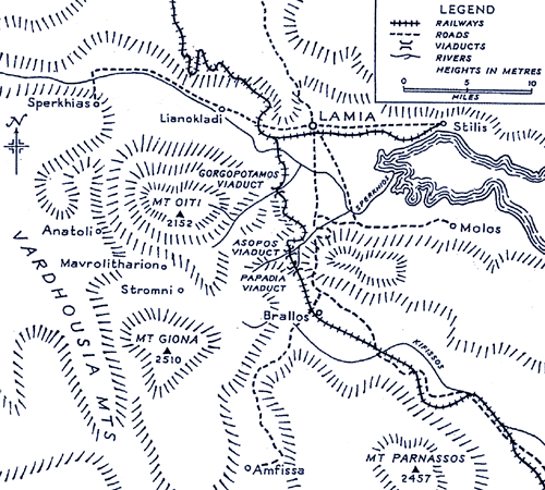 The operational area with the Gorgopotamos and Asopos railway bridges.