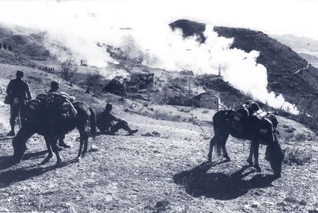 A village engulfed in flames, 1943.