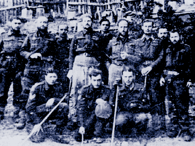 The "Harling" team after the successful demolition of the Gorgopotamos Viaduct. Back row, fourth from the right: Eddie Myers, later promoted to Brigadier and appointed head of the British Military Mission (BMM) to the Greek resistance. Standing besid