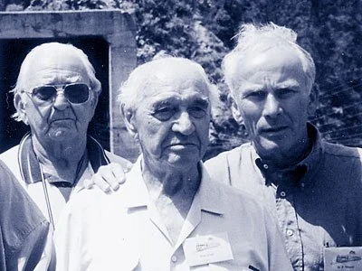 At the invitation of the Association of the Friends of the Greek Railways, the author (right) visited the Asopos Bridge in May 2001 with Ken Scott (centre), who had blown it up, and Adolf Brennecke, who had rebuilt it.