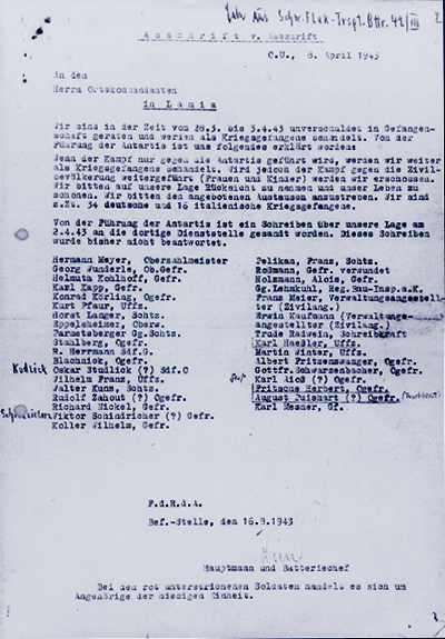 One day before their execution, the author's father wrote a letter to the German commander in Lamia requesting a prisoner exchange. It was signed by all the German prisoners. A week later, the letter was found lying outside the entrance to the German
