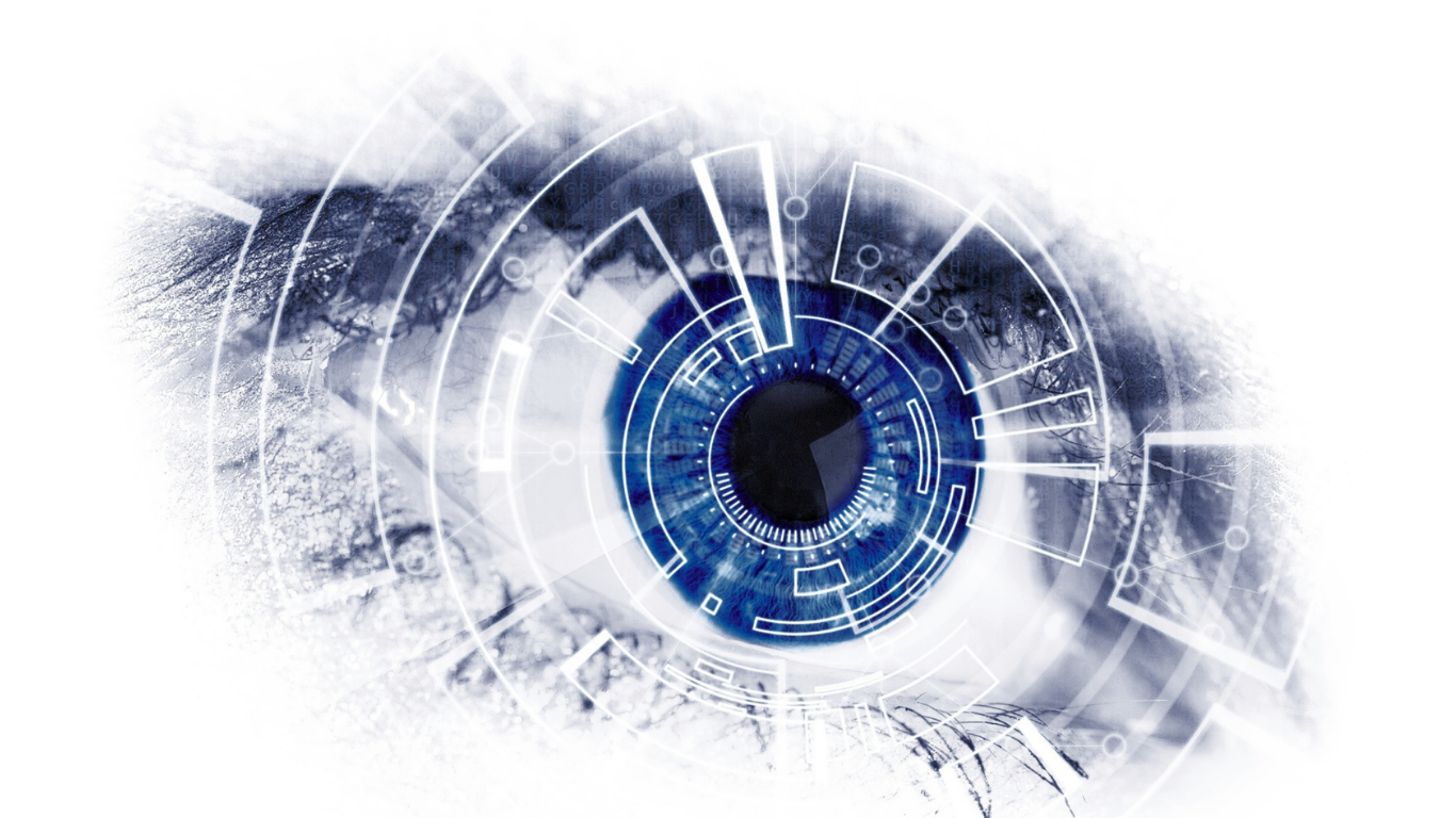 A digitally enhanced close-up of a human blue eye with futuristic data overlays and holographic graphics.