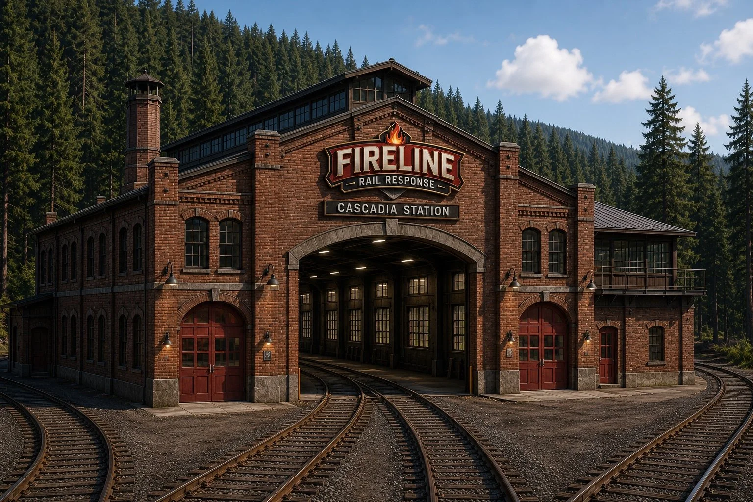A historic brick train station named Cascadia Station with a sign for Fireline Rail Response, surrounded by rail tracks and a forested hillside with tall pine trees.