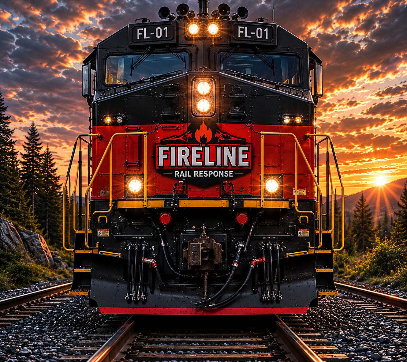 A black and red fireline rail response train on tracks during sunset with trees and mountains in the background.