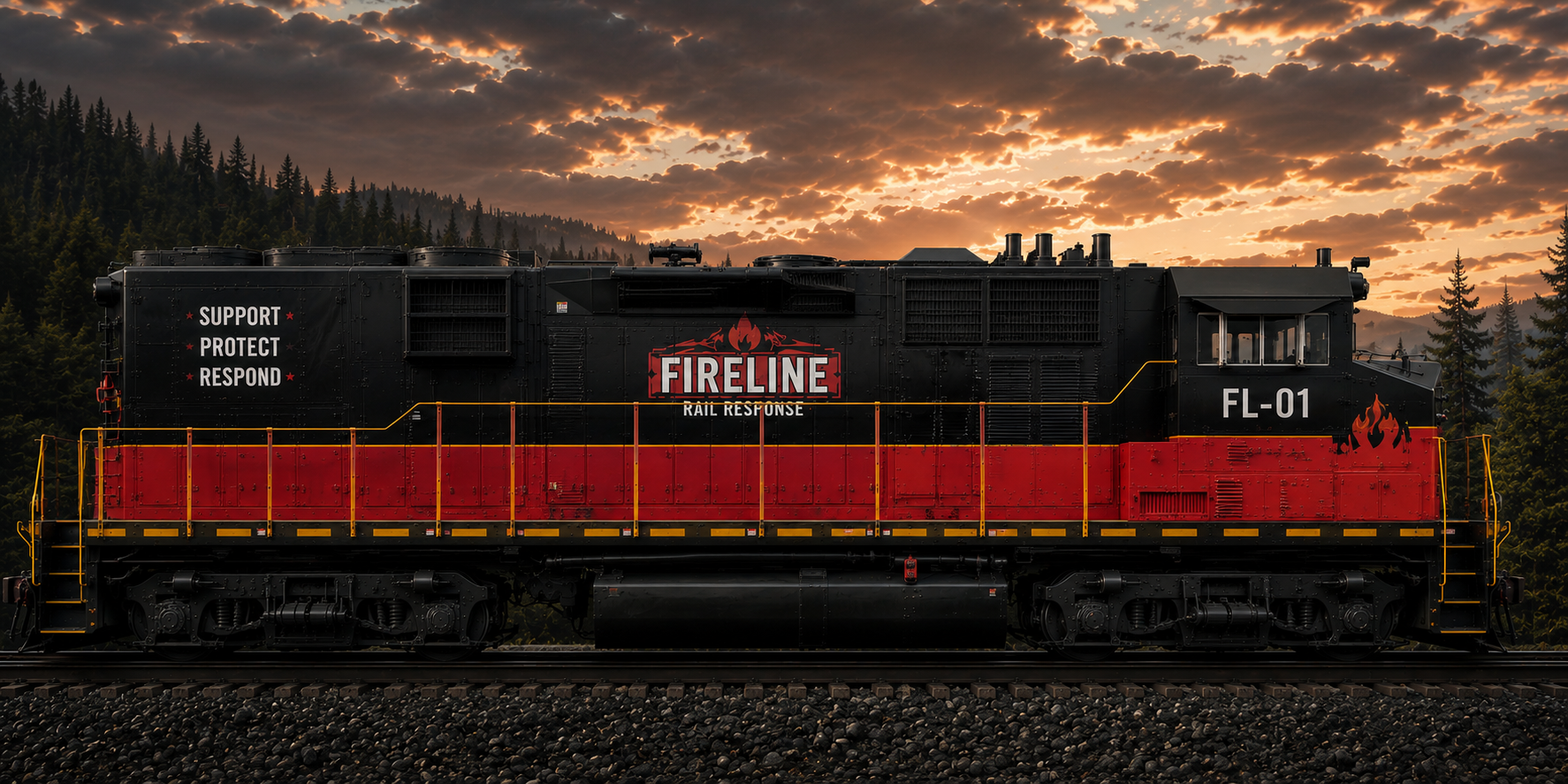 A black and red fire rescue train with the words 'Fireline Rail Response' and 'Support Protect Respond' on its side, traveling on railroad tracks with a forest and sunset in the background.