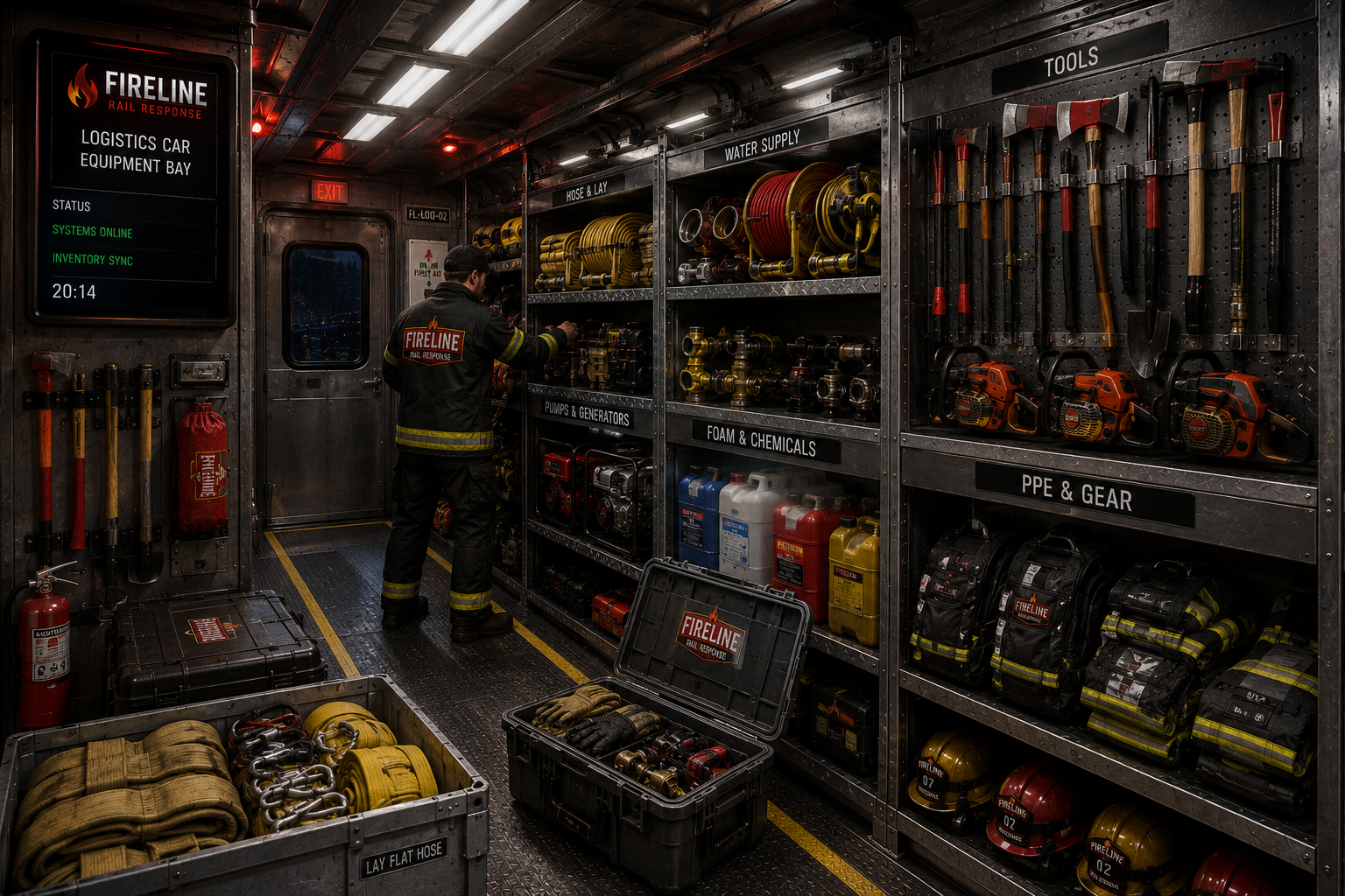 Firefighting equipment storage area with hoses, tools, and gear in a fire truck. A firefighter is organizing equipment on shelves labeled with water supply, hoses, foam, chemicals, pumps, generators, PPE, and gear.