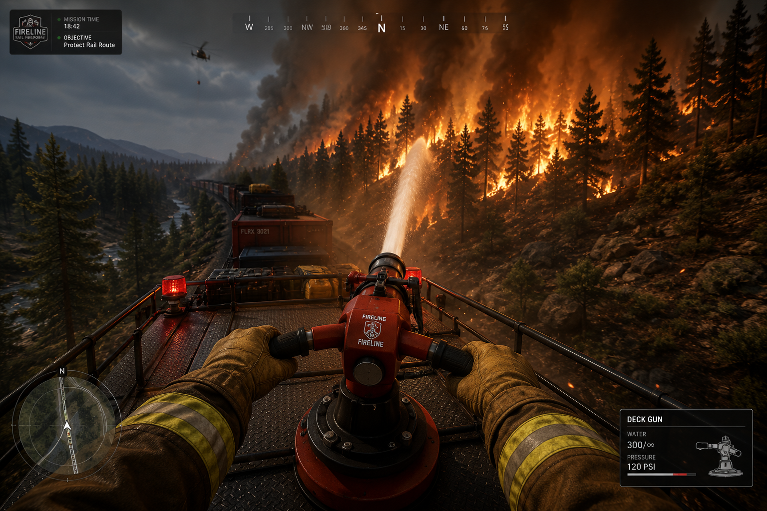 A firefighter controls a high-pressure water hose from a firefighting truck to suppress a forest fire burning among trees in a mountainous area, with a helicopter flying overhead.
