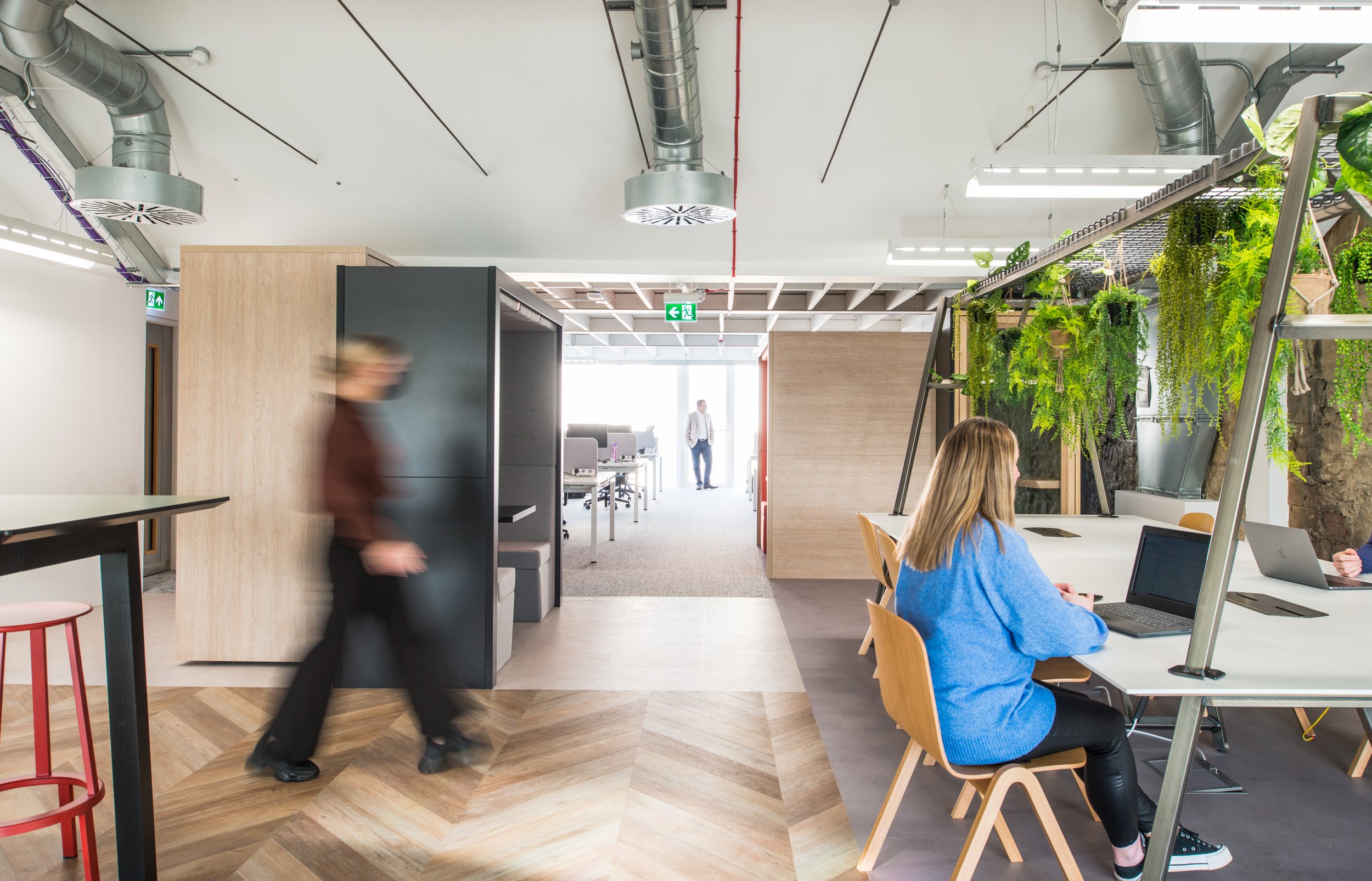 Modern open-plan office with people working at desks, plants, and industrial ceiling fixtures.