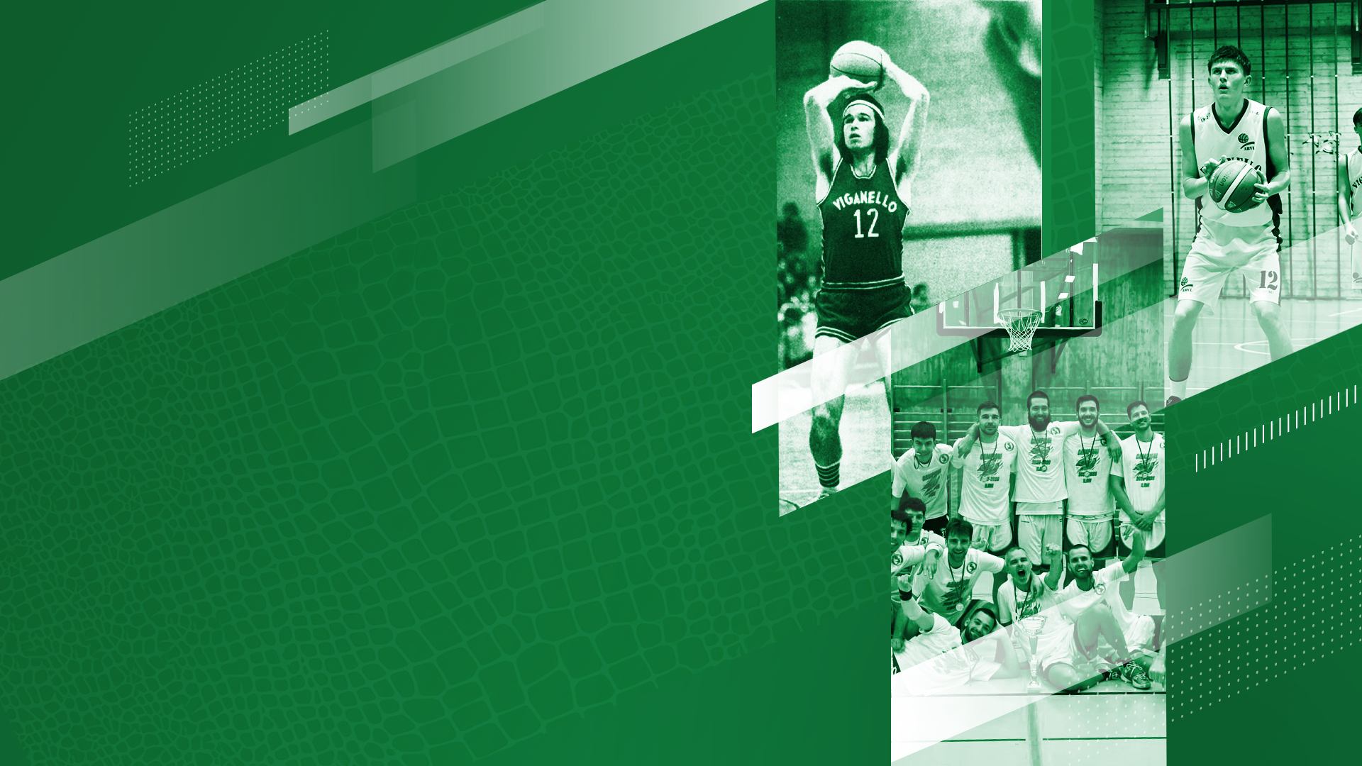Collage di immagini di basket e di squadra di basket in bianco e nero con uno stile grafico verde.