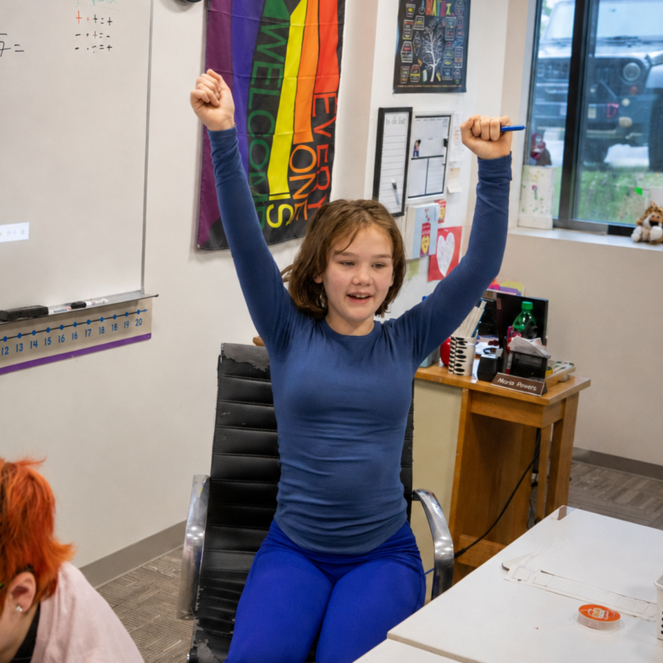 A middle school student in a classroom, with the girl raising her arms triumphantly