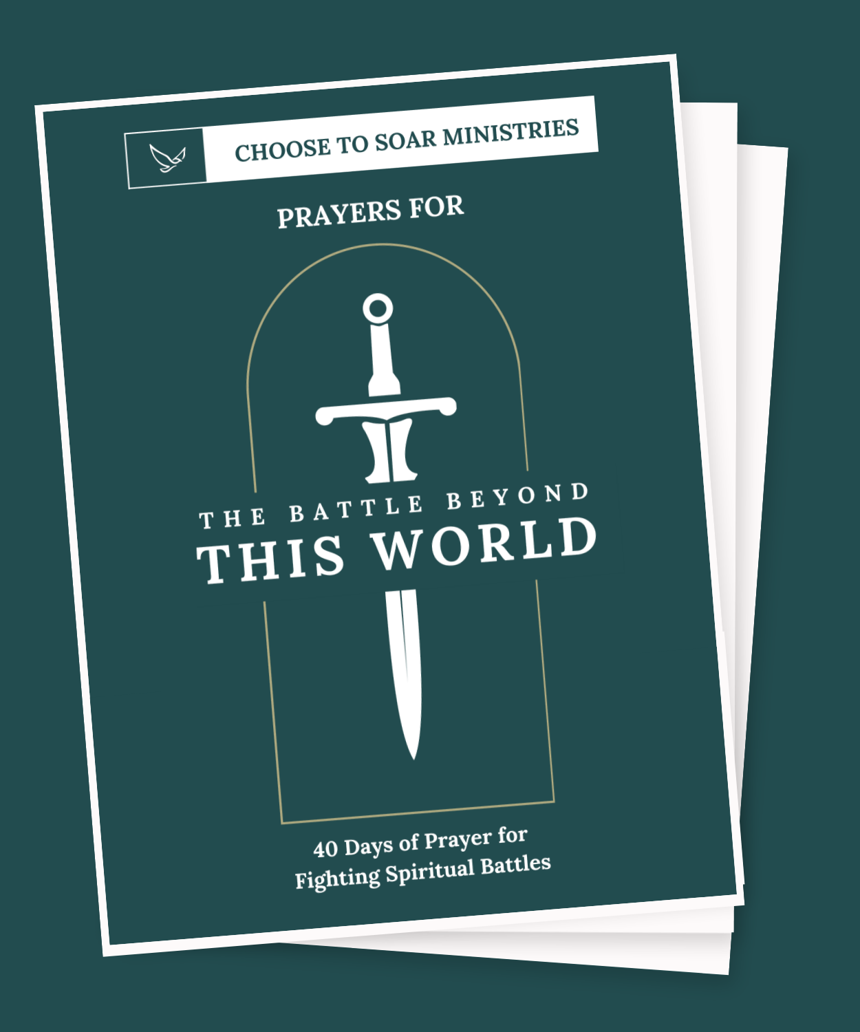 Brochure for 'Choose to Soar Ministries' titled 'The Battle Beyond This World,' featuring a sword and shield design, promoting 40 days of prayer for spiritual battles.