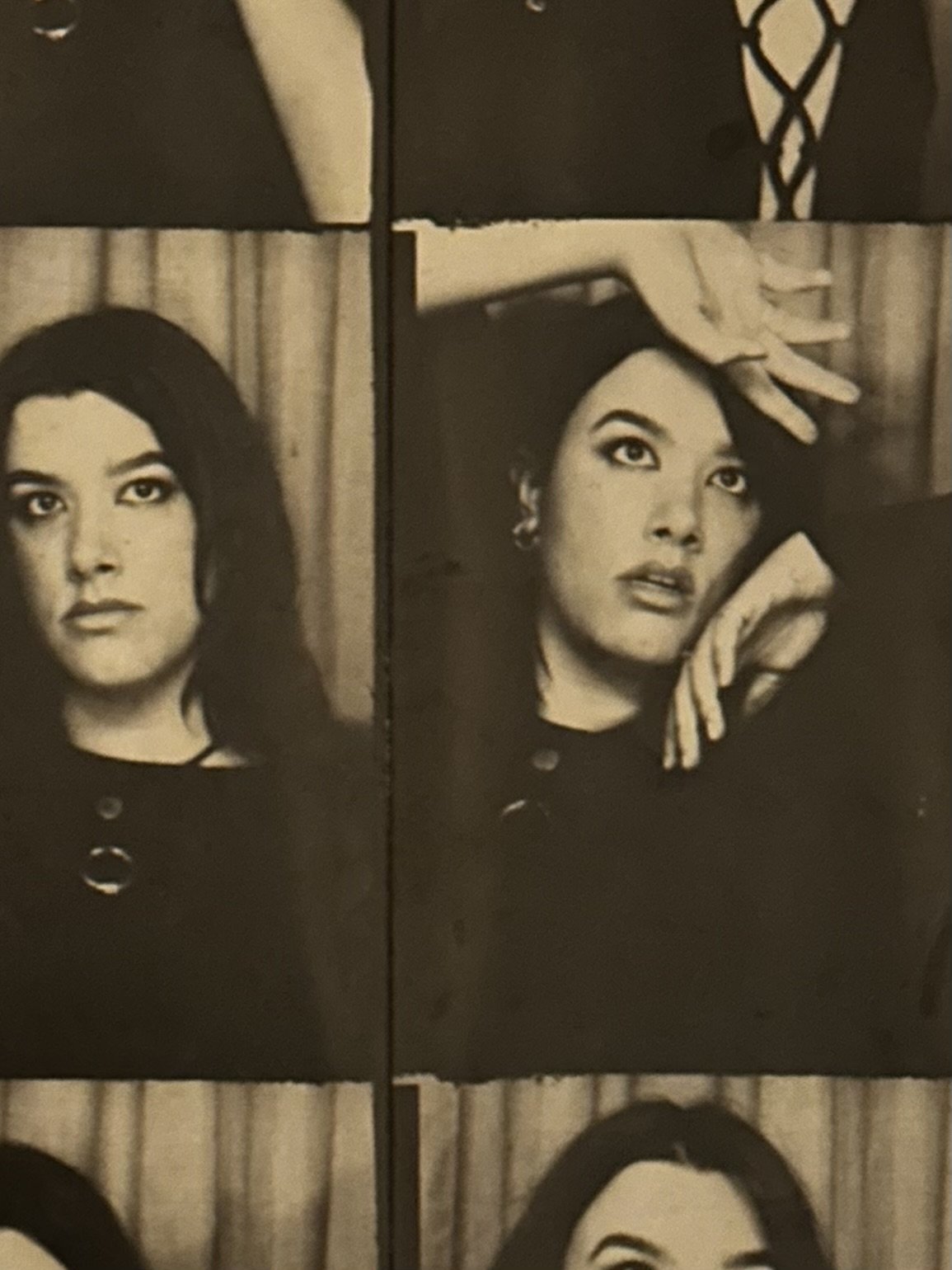Black-and-white photo collage of women with vintage hairstyles, one woman has her hand near her forehead, the other has a serious expression, both wearing dark clothing.