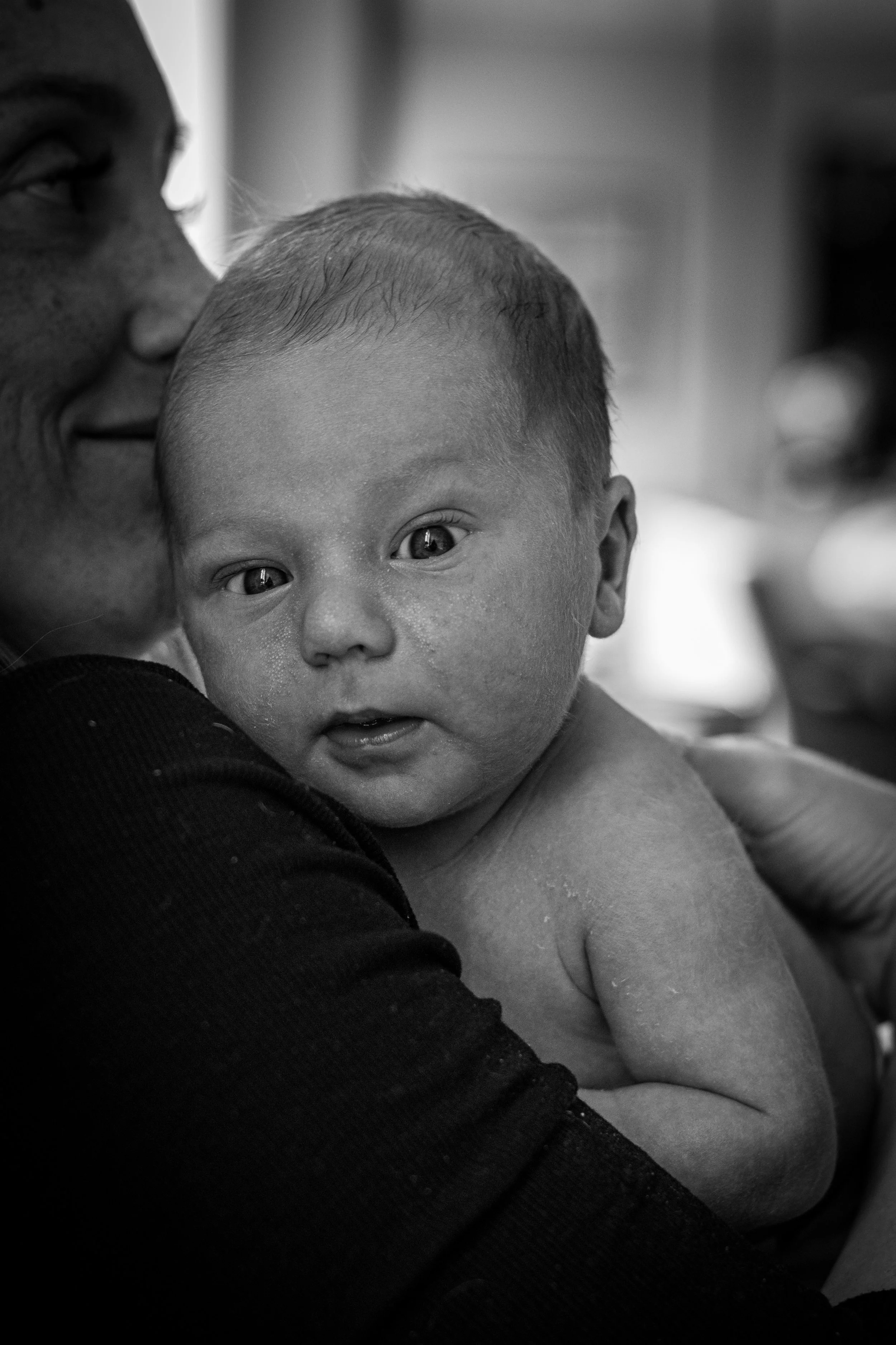 A newborn baby boy staring right into the camera