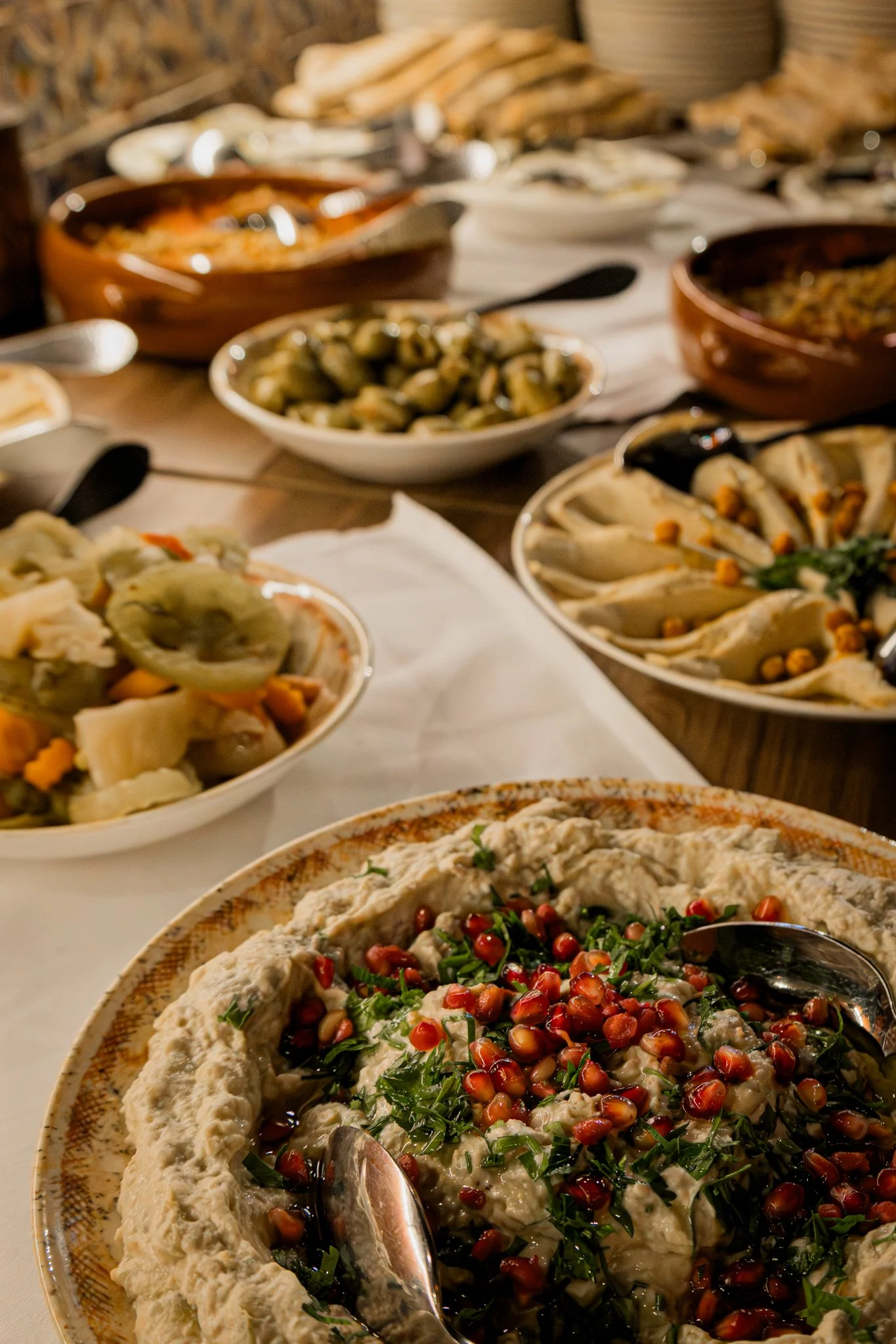 A variety of bowls filled with different dishes of food, including salads and spreads, arranged on a table for a gathering mediterranean/syrian food.
