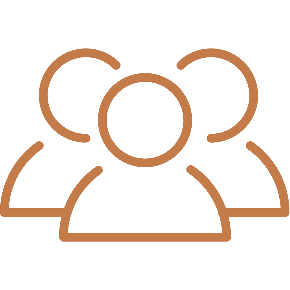 Outline of three people, with one in front and two behind, representing a group or team.