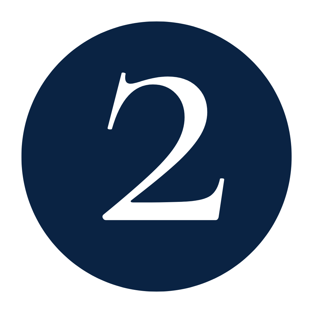 White number 2 on a navy blue circular background