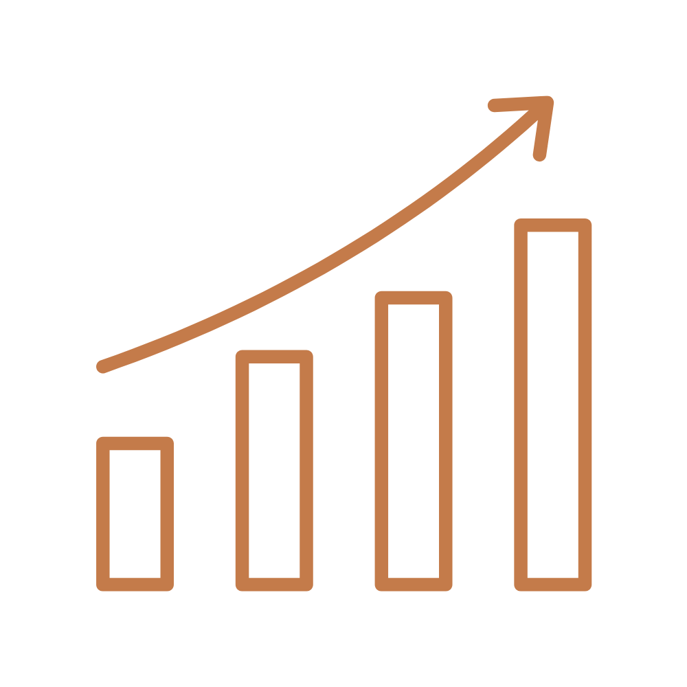 A brown bar chart with four ascending bars and an upward-sloping arrow above them.