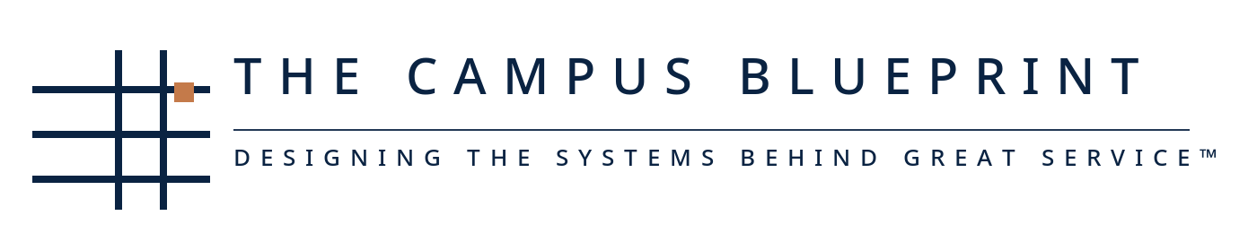 Logo for The Campus Blueprint with a cross shape and text that reads 'The Campus Blueprint: Designing the systems behind great service'.