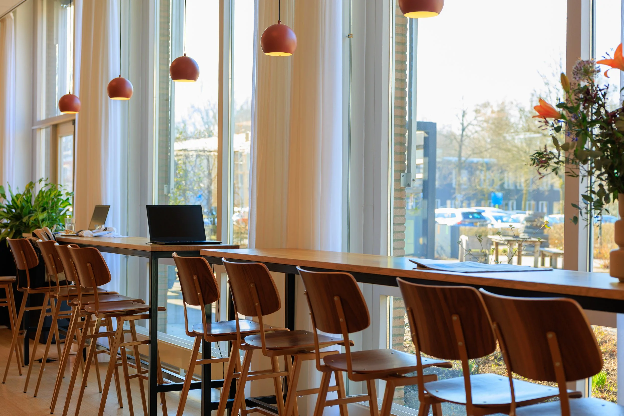 modern cafeteria window seats with rows of tables