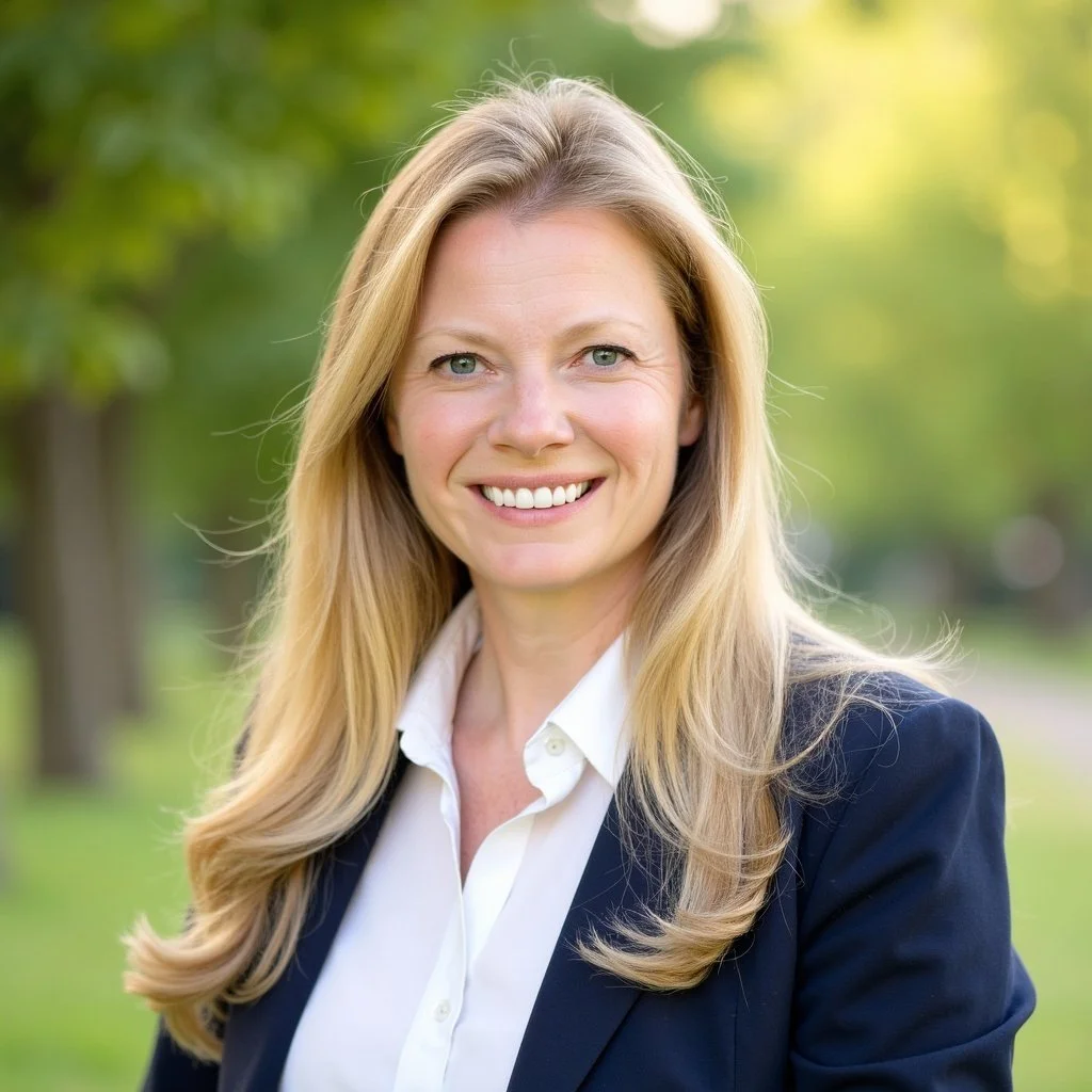 A woman with long blonde hair wearing a white shirt and navy blazer smiling outdoors with blurred green trees in the background.